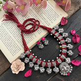 Vriksham Designer Peacock Motif Oxidized Silver & Red Beaded Neckpiece-Red-S1056